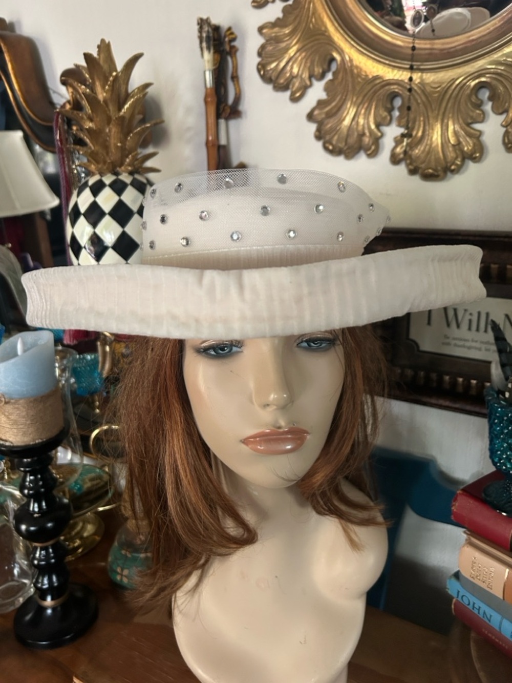 Vintage Ivory Derby Church Hat with Rhinestone Accents